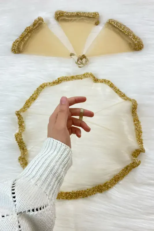 Gold Gelin Damat Mendili, Düğün Halay Nedime Kına Sünnet Mendili, Cam Boncuk ve Pul Baskılı-Gold - 1