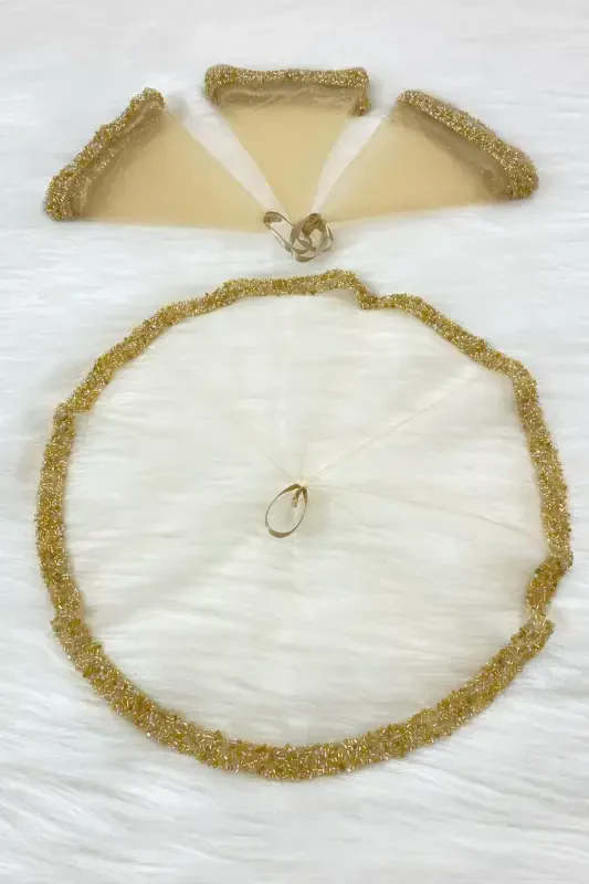 Gold Gelin Damat Mendili, Düğün Halay Nedime Kına Sünnet Mendili, Cam Boncuk ve Pul Baskılı-Gold - 2