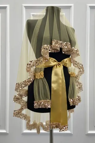 Gold Gelin Duvak Seti, Işıl Işıl Kristal Cam Boncuk, İnci ve Pul İşlemeli Kına Duvağı 6 Parça-Altın - 1