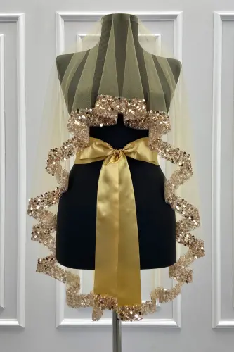 Gold Gelin Duvak Seti, Işıl Işıl Kristal Cam Boncuk, İnci ve Pul İşlemeli Kına Duvağı 6 Parça-Altın - ZEYMERADE (1)