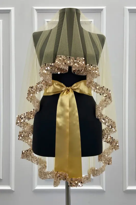 Gold Gelin Duvak Seti, Işıl Işıl Kristal Cam Boncuk, İnci ve Pul İşlemeli Kına Duvağı 6 Parça-Altın - 2