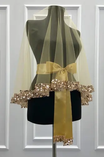 Gold Gelin Duvak Seti, Işıl Işıl Kristal Cam Boncuk, İnci ve Pul İşlemeli Kına Duvağı 6 Parça-Altın - 3