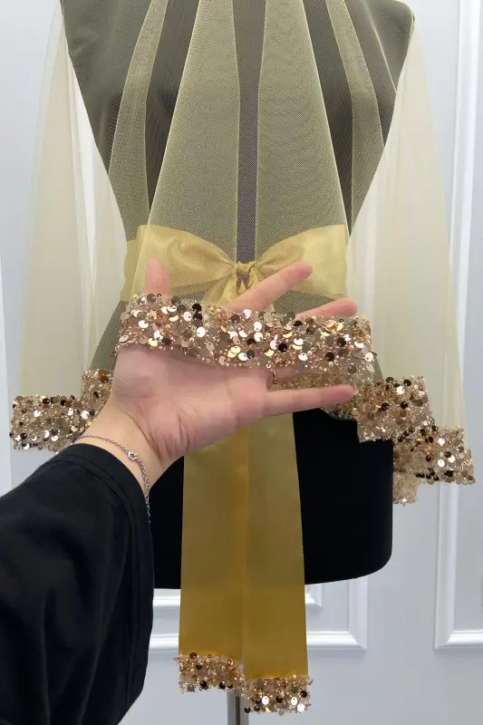 Gold Gelin Duvak Seti, Işıl Işıl Kristal Cam Boncuk, İnci ve Pul İşlemeli Kına Duvağı 6 Parça-Altın - 5