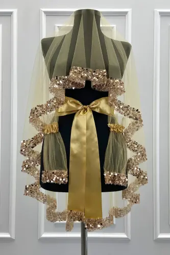 Gold Gelin Duvak Seti, Işıl Işıl Kristal Cam Boncuk, İnci ve Pul İşlemeli Kına Duvağı 6 Parça-Altın - 4