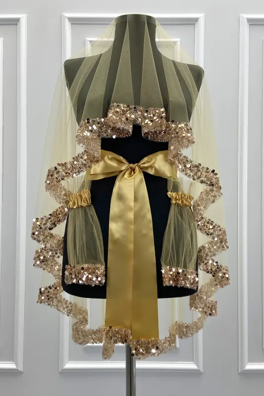 Gold Gelin Duvak Seti, Işıl Işıl Kristal Cam Boncuk, İnci ve Pul İşlemeli Kına Duvağı 6 Parça-Altın - 4