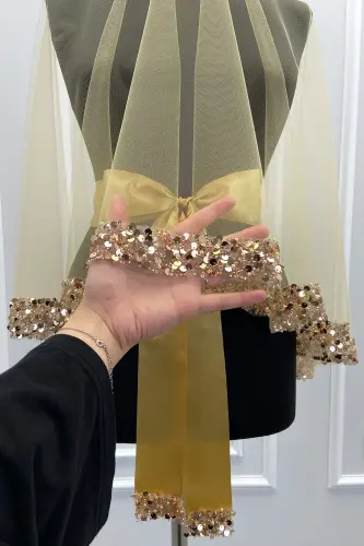 Gold Gelin Duvak Seti, Işıl Işıl Kristal Cam Boncuk, İnci ve Pul İşlemeli Kına Duvağı 6 Parça-Altın - 5