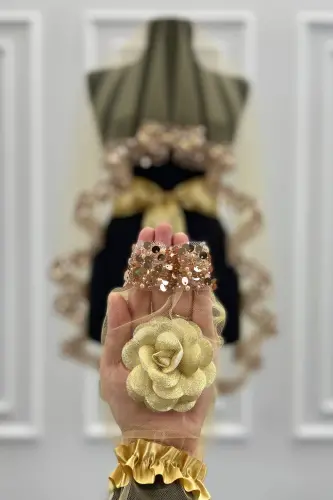 Gold Gelin Duvak Seti, Işıl Işıl Kristal Cam Boncuk, İnci ve Pul İşlemeli Kına Duvağı 6 Parça-Altın - 6