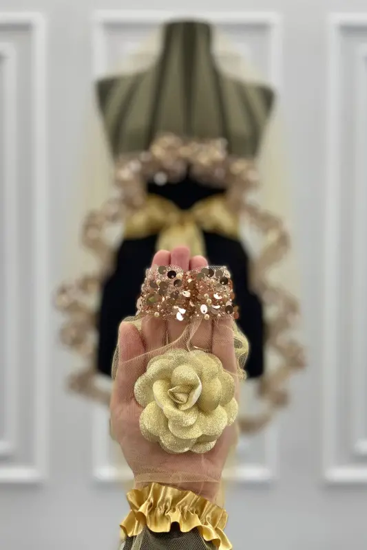 Gold Gelin Duvak Seti, Işıl Işıl Kristal Cam Boncuk, İnci ve Pul İşlemeli Kına Duvağı 6 Parça-Altın - 6