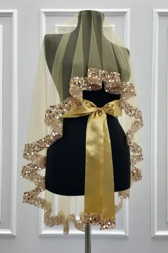 Gold Gelin Duvak Seti, Işıl Işıl Kristal Cam Boncuk, İnci ve Pul İşlemeli Kına Duvağı 6 Parça-Altın - 7