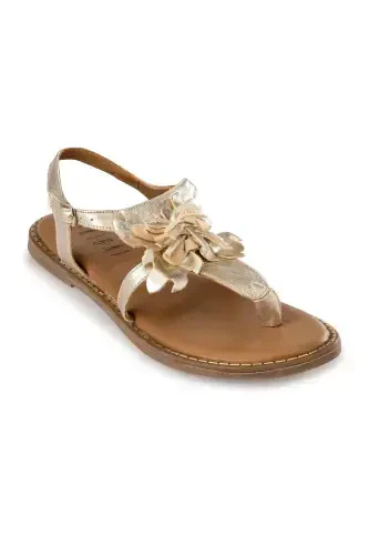 Gold Genuine Suede Floral Thong Sandal with Coffee Genuine Leather Ankle Tie-Gold - 1