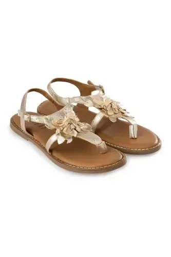 Gold Genuine Suede Floral Thong Sandal with Coffee Genuine Leather Ankle Tie-Gold - DERIDERIM (1)