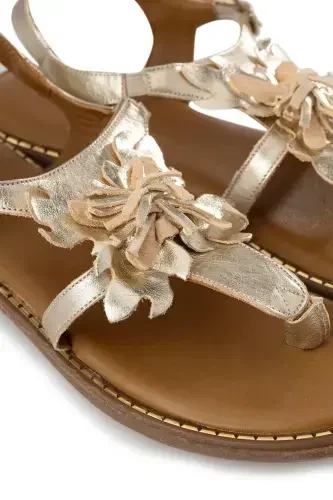 Gold Genuine Suede Floral Thong Sandal with Coffee Genuine Leather Ankle Tie-Gold - 3