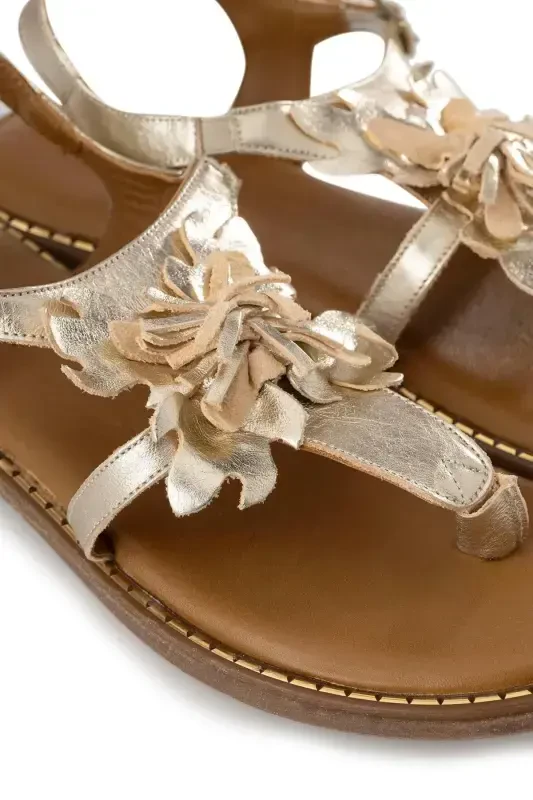 Gold Genuine Suede Floral Thong Sandal with Coffee Genuine Leather Ankle Tie-Gold - 3