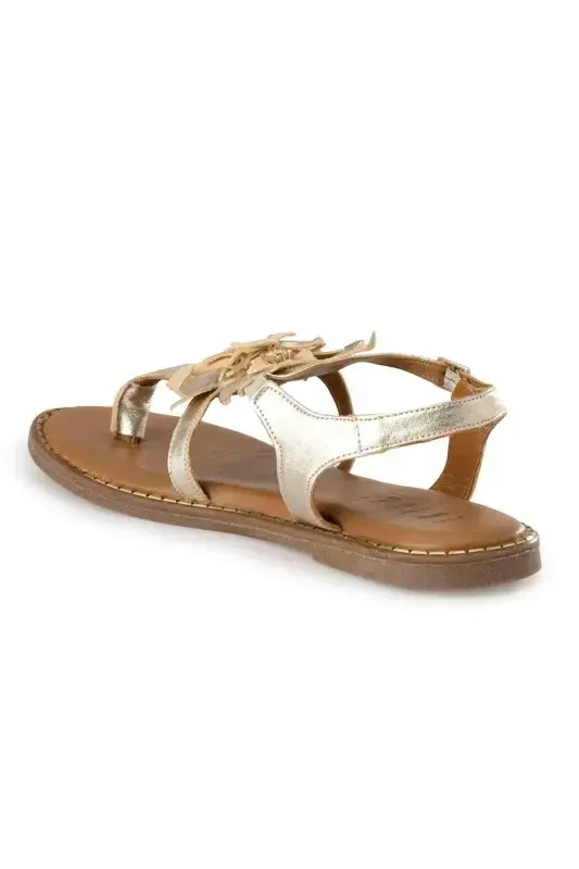Gold Genuine Suede Floral Thong Sandal with Coffee Genuine Leather Ankle Tie-Gold - 4