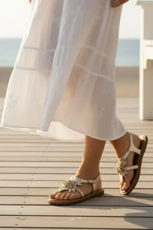 Gold Genuine Suede Floral Thong Sandal with Coffee Genuine Leather Ankle Tie-Gold - 7