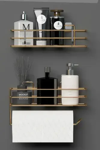 Gold Gold Plated Adhesive Bathroom Shelf 2 Piece Set - 1