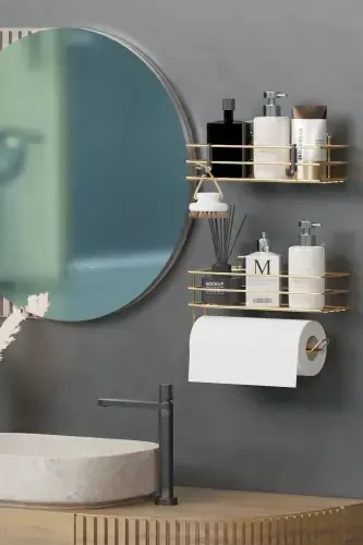 Gold Gold Plated Adhesive Bathroom Shelf 2 Piece Set - WEARME (1)