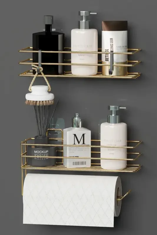 Gold Gold Plated Adhesive Bathroom Shelf 2 Piece Set - 4
