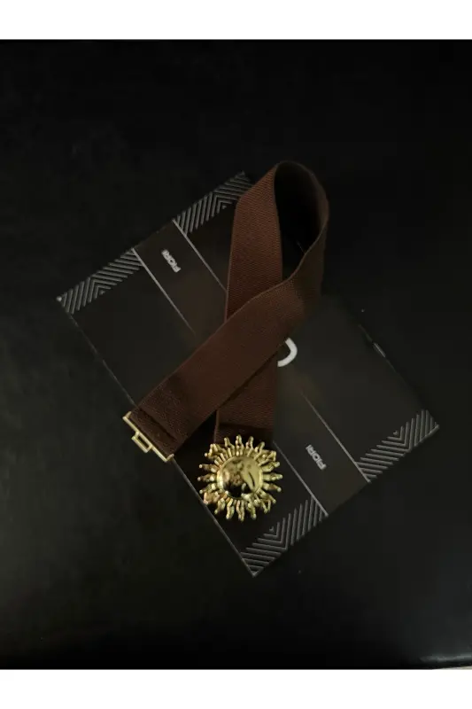 Gold Güneş Tokalı Geçmeli Elastik Kadın Kemeri, Ceket Kemeri, Gömlek Kemeri, Elbise Kemeri-Kahverengi - 3