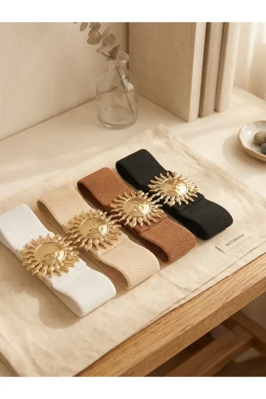 Gold Güneş Tokalı Geçmeli Elastik Kadın Kemeri, Ceket Kemeri, Gömlek Kemeri, Elbise Kemeri - Karışık - FIORI