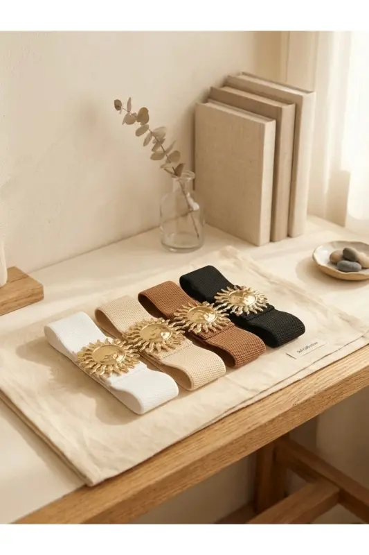 Gold Güneş Tokalı Geçmeli Elastik Kadın Kemeri, Ceket Kemeri, Gömlek Kemeri, Elbise Kemeri - Karışık - 2