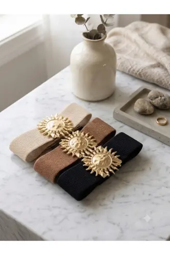 Gold Güneş Tokalı Geçmeli Elastik Kadın Kemeri, Ceket Kemeri, Gömlek Kemeri, Elbise Kemeri - Siyah-Taba-Bej - FIORI (1)