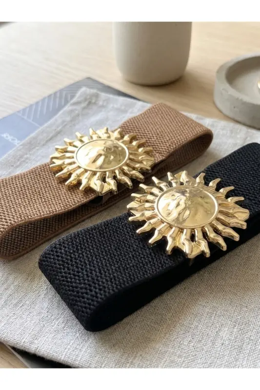 Gold Güneş Tokalı Geçmeli Elastik Kadın Kemeri, Ceket Kemeri, Gömlek Kemeri, Elbise Kemeri - Siyah-Taba - 1