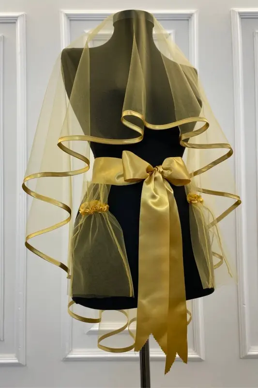 Gold Henna Veil, Gold Edged Bridal Veil Set - EDGEDGOLD - 1