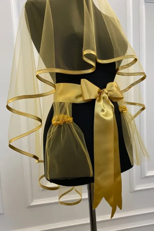 Gold Henna Veil, Gold Edged Bridal Veil Set - EDGEDGOLD - 2