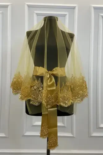 Gold Işıl Işıl Güpürlü Gelin Kına Duvağı Seti Düğün Kına Gecesi Yüz Örtüsü Duvak Kuşak Eldiven-Gold - ZEYMERADE (1)