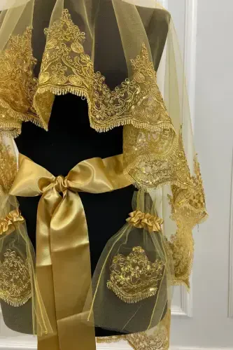 Gold Işıl Işıl Güpürlü Gelin Kına Duvağı Seti Düğün Kına Gecesi Yüz Örtüsü Duvak Kuşak Eldiven-Gold - 1