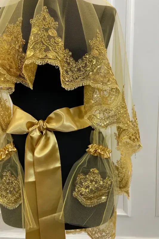 Gold Işıl Işıl Güpürlü Gelin Kına Duvağı Seti Düğün Kına Gecesi Yüz Örtüsü Duvak Kuşak Eldiven-Gold - ZEYMERADE