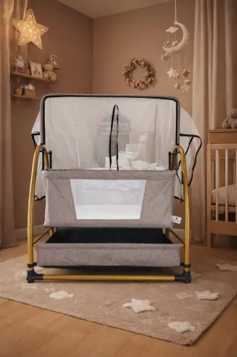 Gold Keten Kumaş Sallanabilir Sabitlenebilir Portatif Hamak Sepet Beşik-Kahverengi - 1