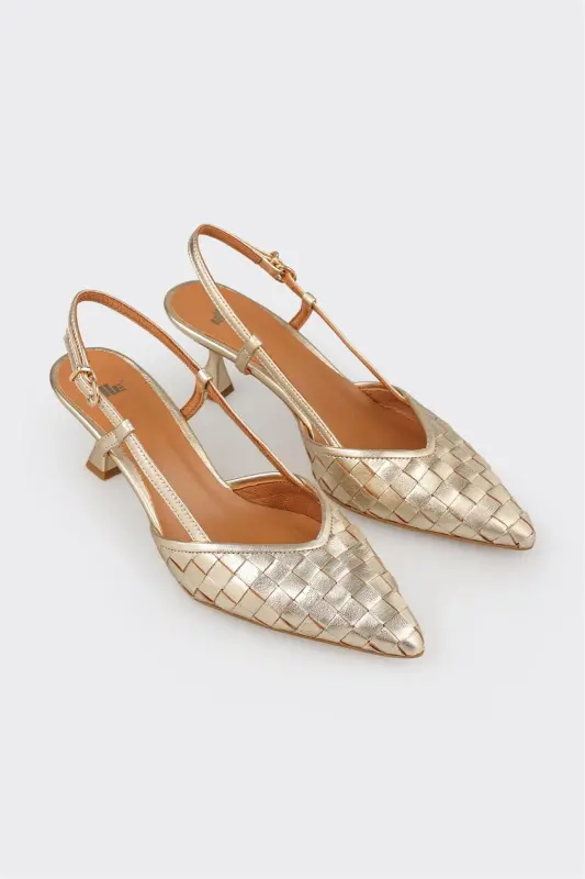 Gold Leather Women's Casual Shoes-Gold - 3