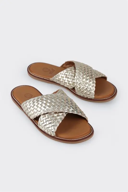 Gold Leather Women's Flat Sandal - 2
