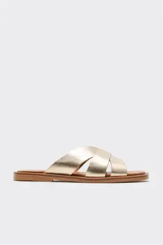 Gold Leather Women's Flat Sandals - 1
