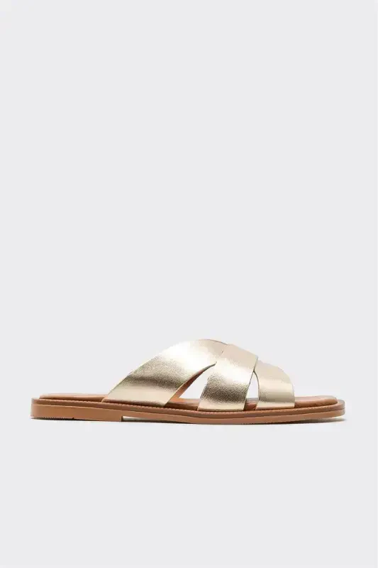Gold Leather Women's Flat Sandals - 1