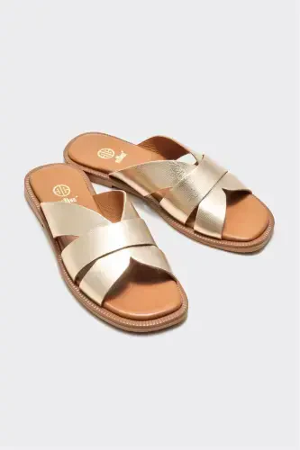 Gold Leather Women's Flat Sandals - ELLE (1)