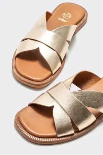 Gold Leather Women's Flat Sandals - 3