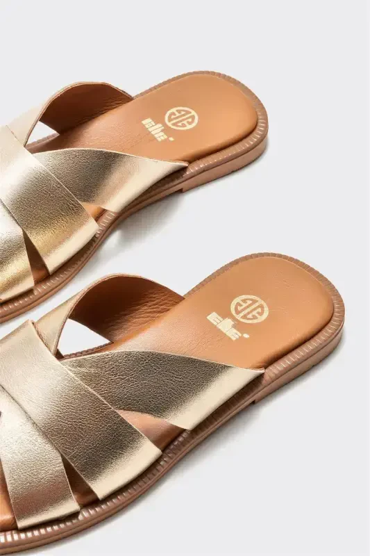 Gold Leather Women's Flat Sandals - 4