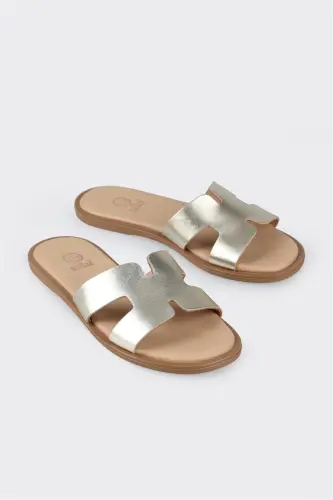 Gold Leather Women's Flat Sandals - ELLE SHOES (1)