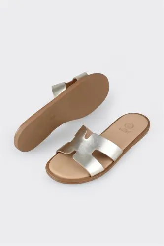 Gold Leather Women's Flat Sandals - 3