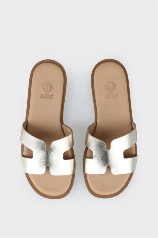 Gold Leather Women's Flat Sandals - 4