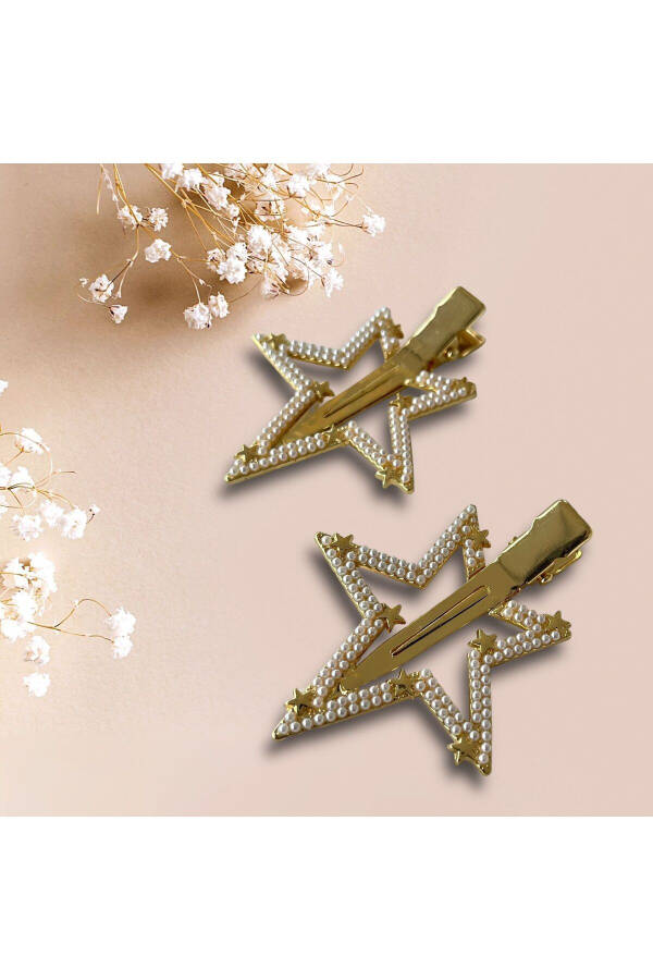 Gold Pearl Star Figured 2-Pack Clip Barrette - 5.5 cm - 2