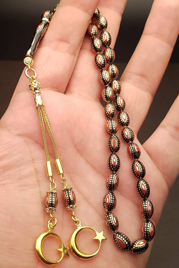 Gold Plated 925 Sterling Silver Tassel Red Enamel Worked 6x10 mm Erzurum Oltu Crafted Oltu Prayer Beads - 2