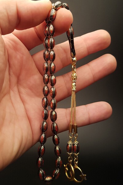 Gold Plated 925 Sterling Silver Tassel Red Enamel Worked 6x10 mm Erzurum Oltu Crafted Oltu Prayer Beads - 3