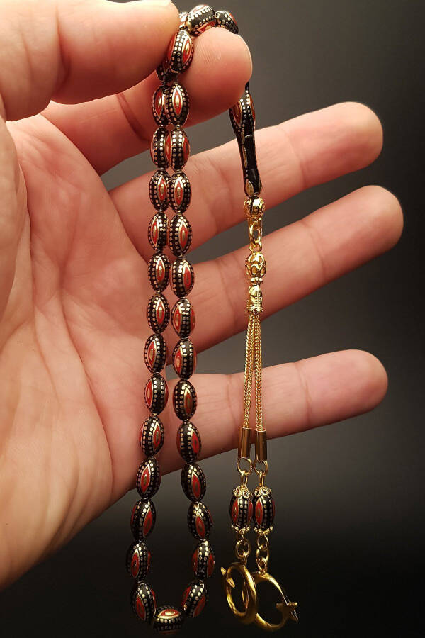 Gold Plated 925 Sterling Silver Tassel Red Enamel Worked 6x10 mm Erzurum Oltu Crafted Oltu Prayer Beads - 3