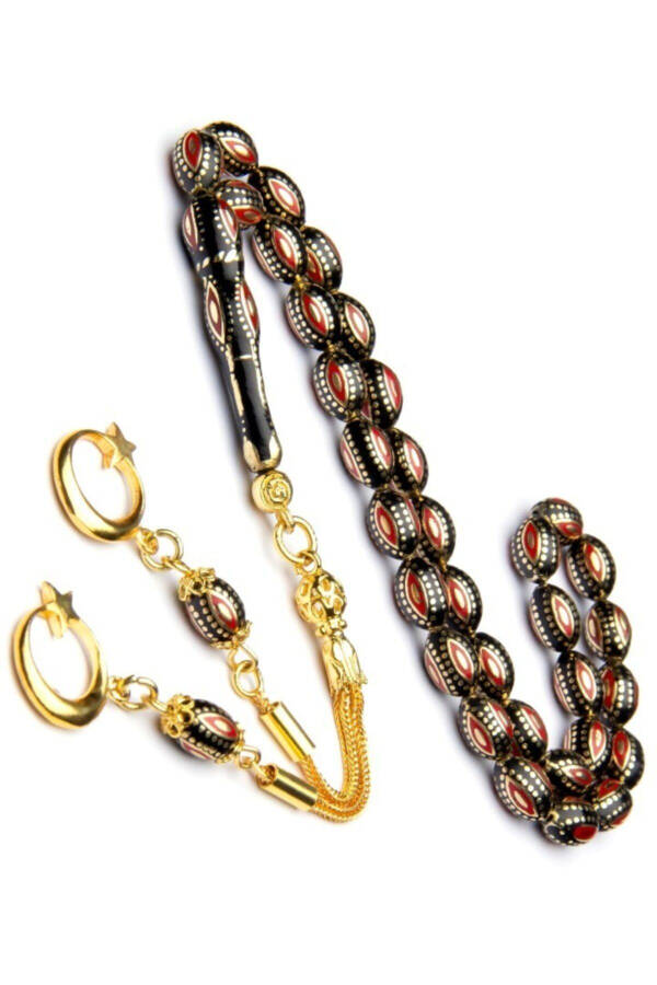 Gold Plated 925 Sterling Silver Tassel Red Enamel Worked 6x10 mm Erzurum Oltu Crafted Oltu Prayer Beads - 4