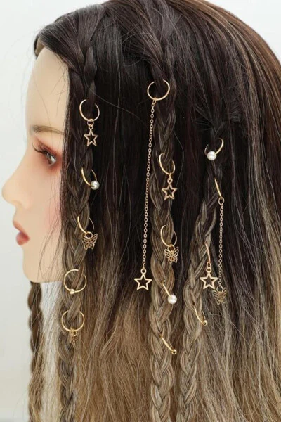 Gold Renk İncili Kelebek Yıldız Saç Küpe Toka Seti-Model9 - BAHELS
