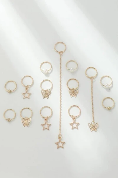Gold Renk İncili Kelebek Yıldız Saç Küpe Toka Seti-Model9 - BAHELS (1)